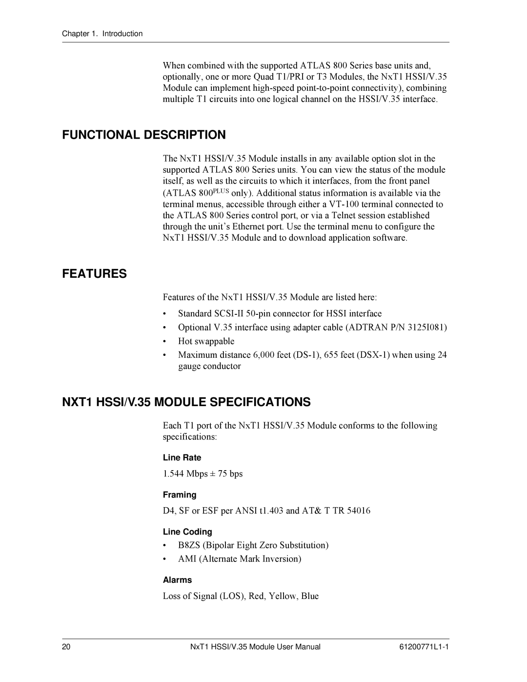 ADTRAN NxT1 HSSI/V.35 user manual Functional Description, Features, NXT1 HSSI/V.35 Module Specifications 