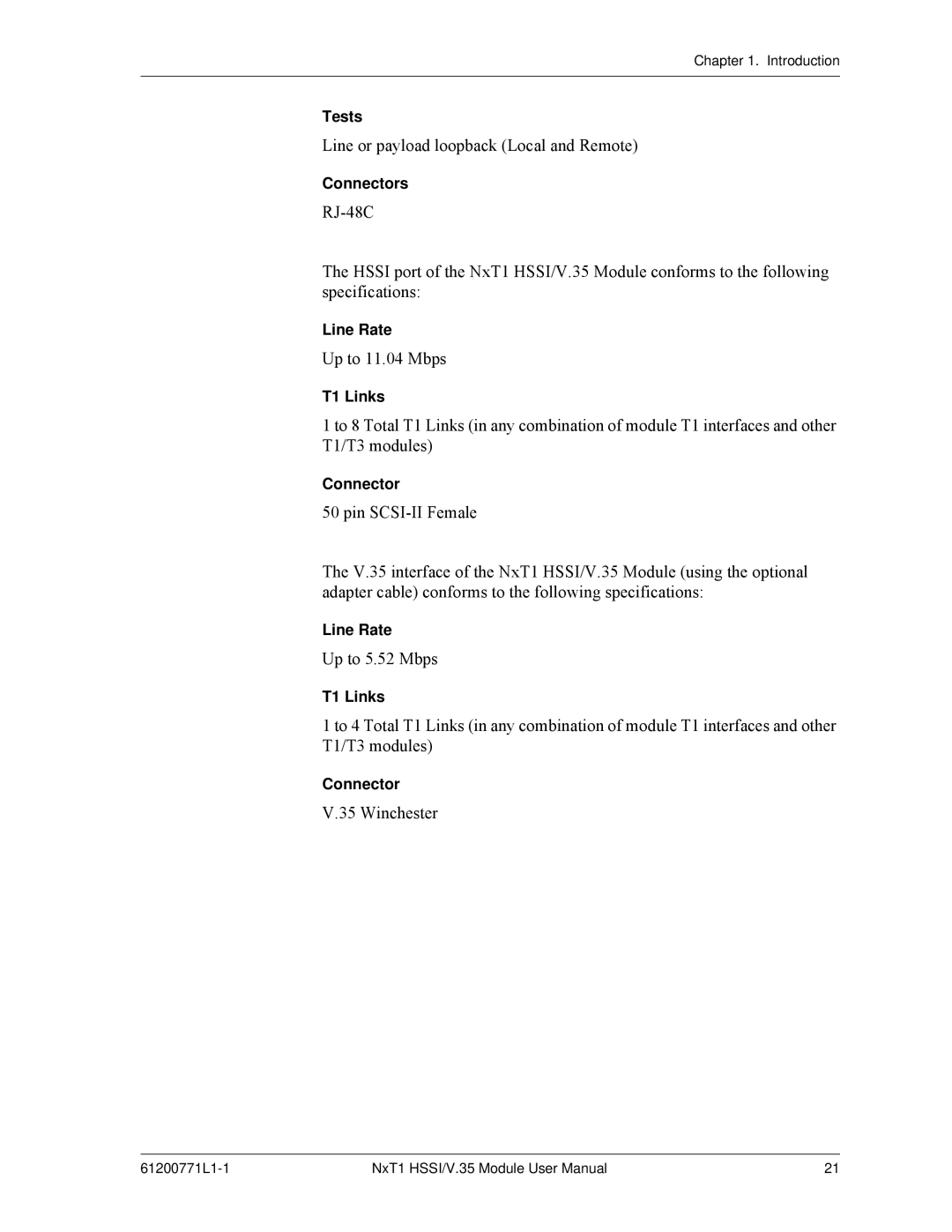 ADTRAN NxT1 HSSI/V.35 user manual Line or payload loopback Local and Remote 