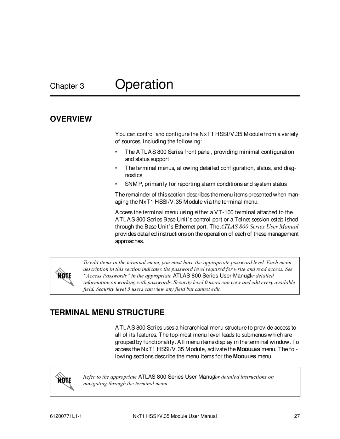 ADTRAN NxT1 HSSI/V.35 user manual Operation, Overview, Terminal Menu Structure 