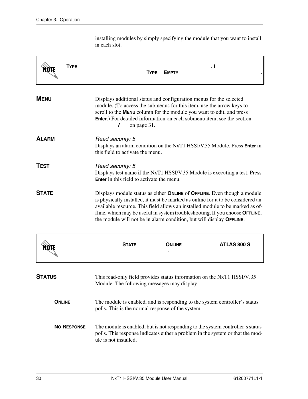 ADTRAN NxT1 HSSI/V.35 user manual Modules/Menu on 