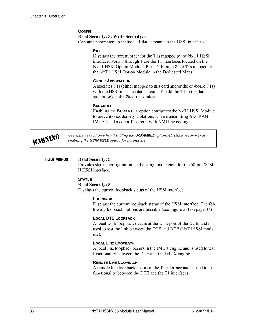 ADTRAN NxT1 HSSI/V.35 user manual Read Security 5 Write Security, Functionality between the DTE and the T1 interfaces 