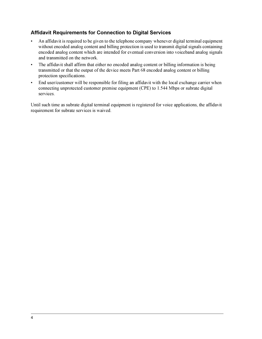 ADTRAN NxT1 HSSI/V.35 user manual Affidavit Requirements for Connection to Digital Services 