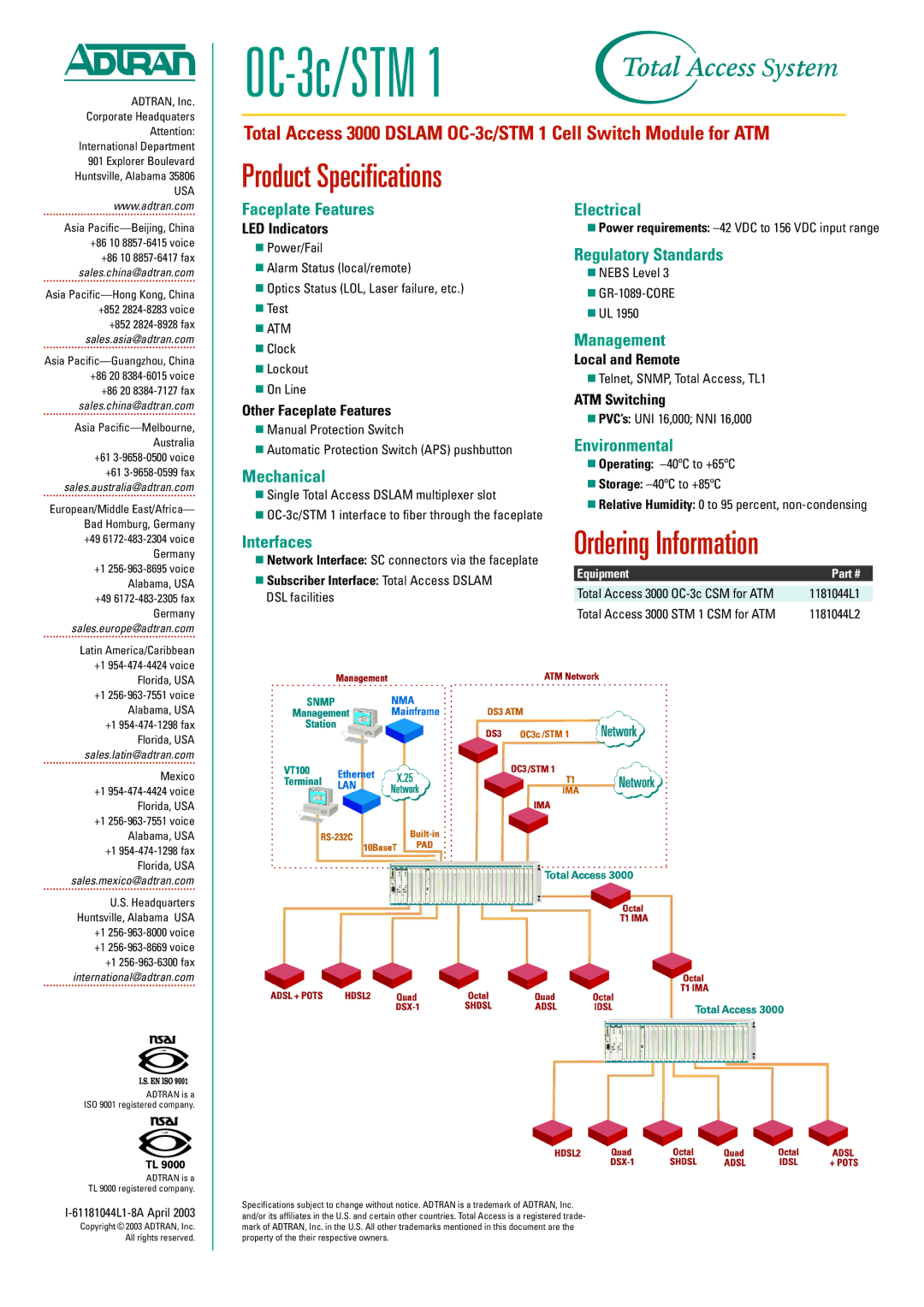 ADTRAN OC-3c/STM 1 manual Product Specifications, Ordering Information 