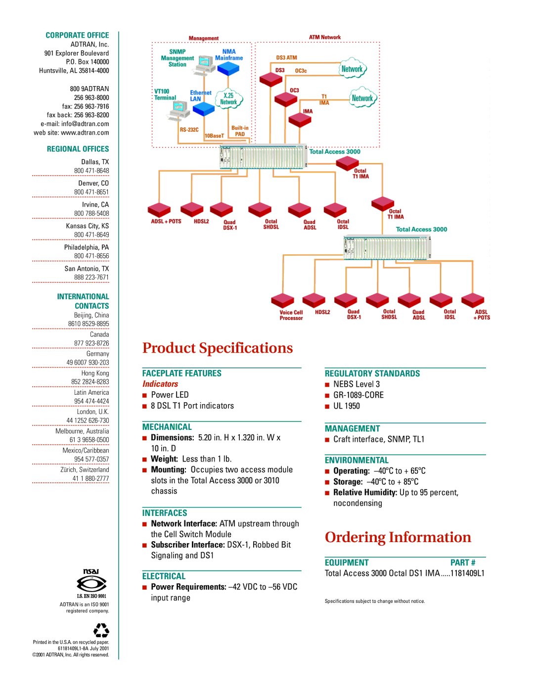 ADTRAN Octal DS1 IMA manual Product Specifications, Ordering Information 