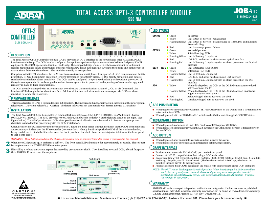 ADTRAN OPTI-3 CPE warranty Description, LED Status, Firmware Release, Installation, APS Pushbutton, TEST/ENABLE Button 