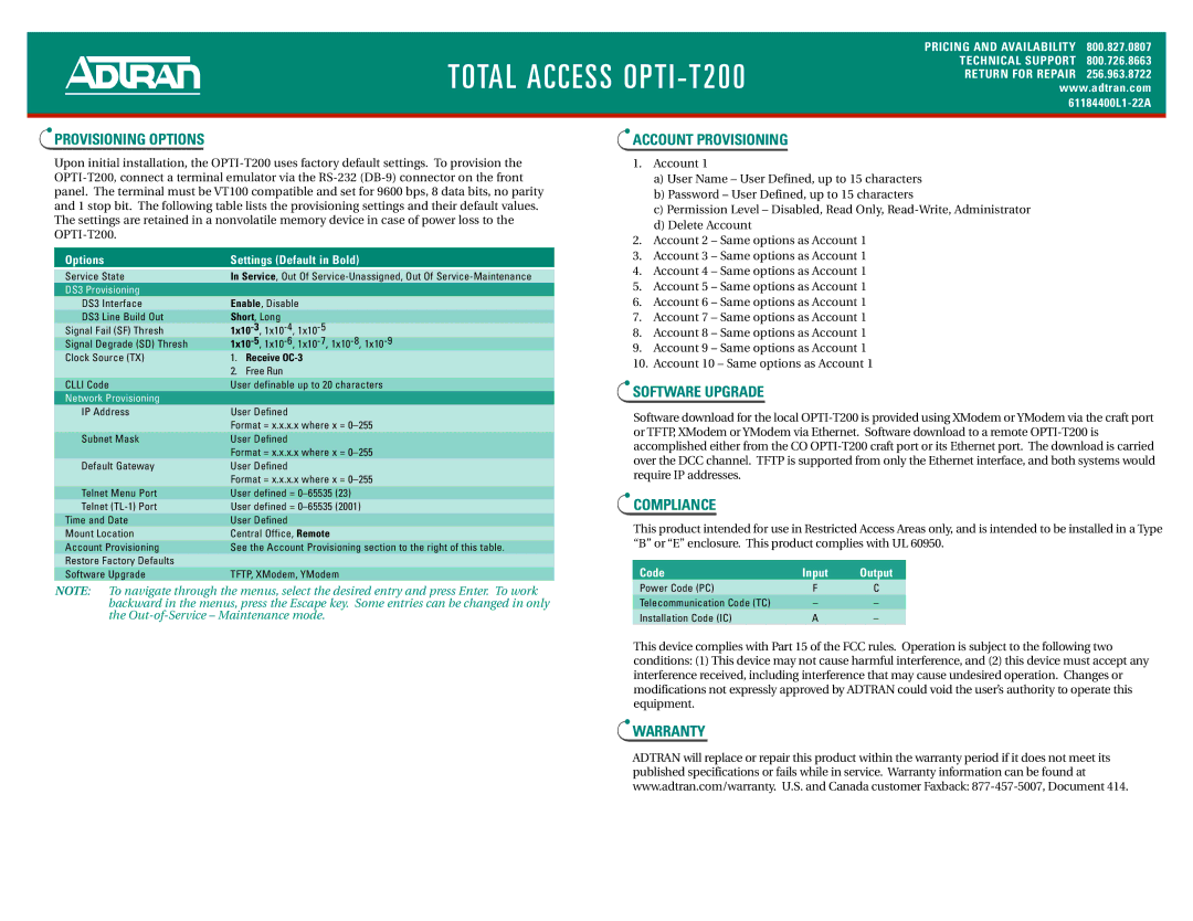 ADTRAN OPTI-T200 manual Provisioning Options, Account Provisioning, Software Upgrade, Compliance, Warranty 