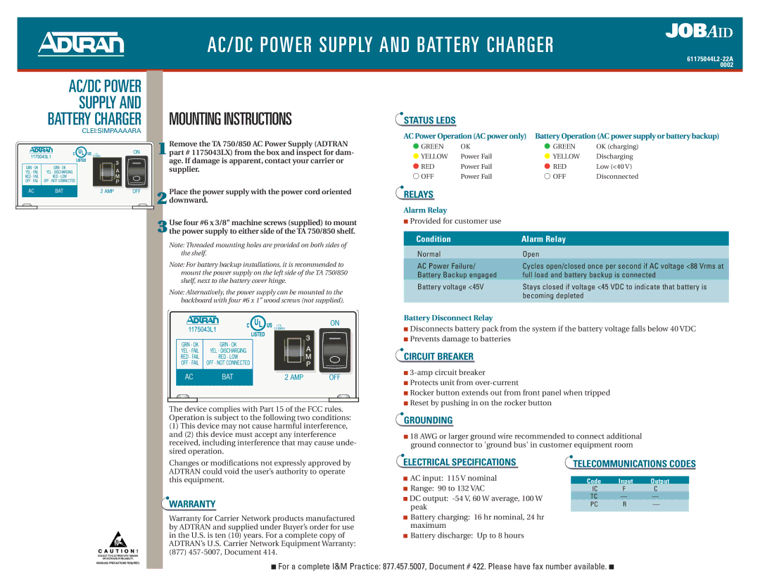 ADTRAN Power Supply/Battery Charger warranty AC/DC Power 