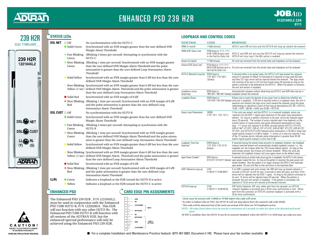 ADTRAN PSD 239 H2R manual Loopback and Control Codes, Enhanced PSD 