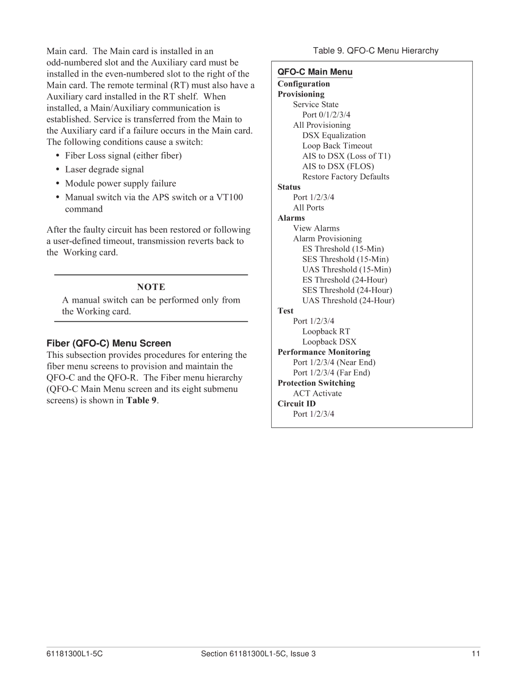 ADTRAN warranty Fiber QFO-C Menu Screen, QFO-C Main Menu 