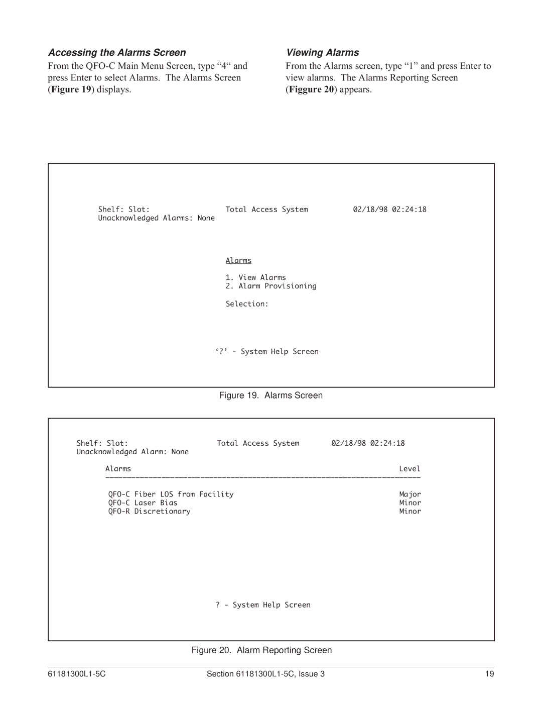 ADTRAN QFO-C warranty Accessing the Alarms Screen, Viewing Alarms 