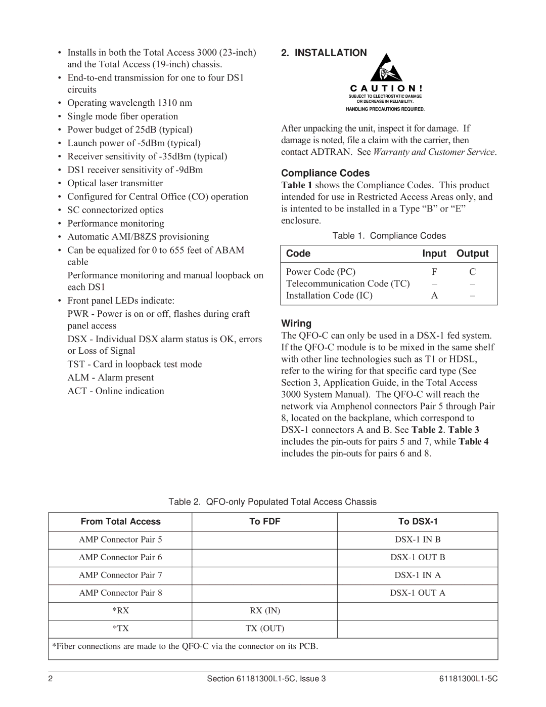 ADTRAN QFO-C warranty Compliance Codes, Code Input Output, Wiring 