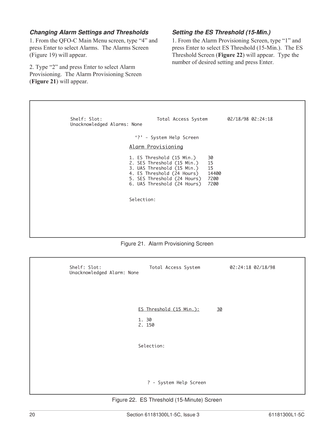 ADTRAN QFO-C warranty Changing Alarm Settings and Thresholds, Setting the ES Threshold 15-Min 