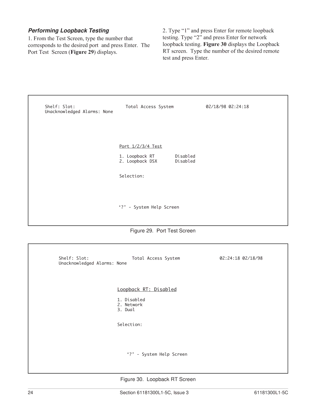 ADTRAN QFO-C warranty Performing Loopback Testing, Port Test Screen 