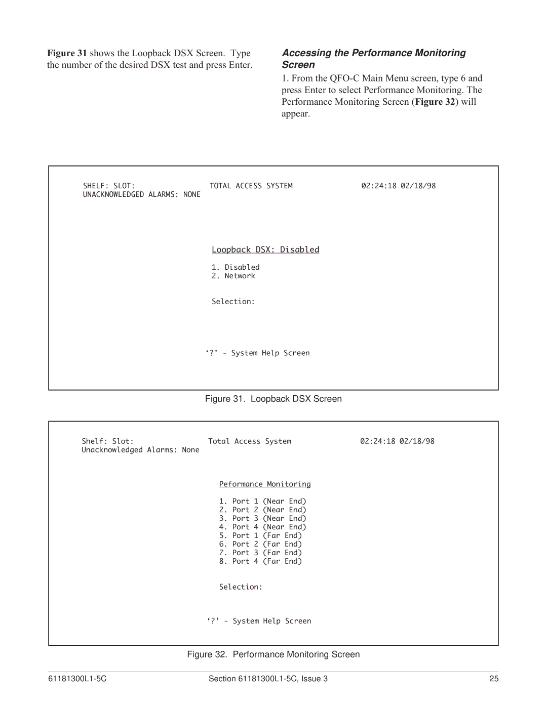 ADTRAN QFO-C warranty Accessing the Performance Monitoring, Screen 