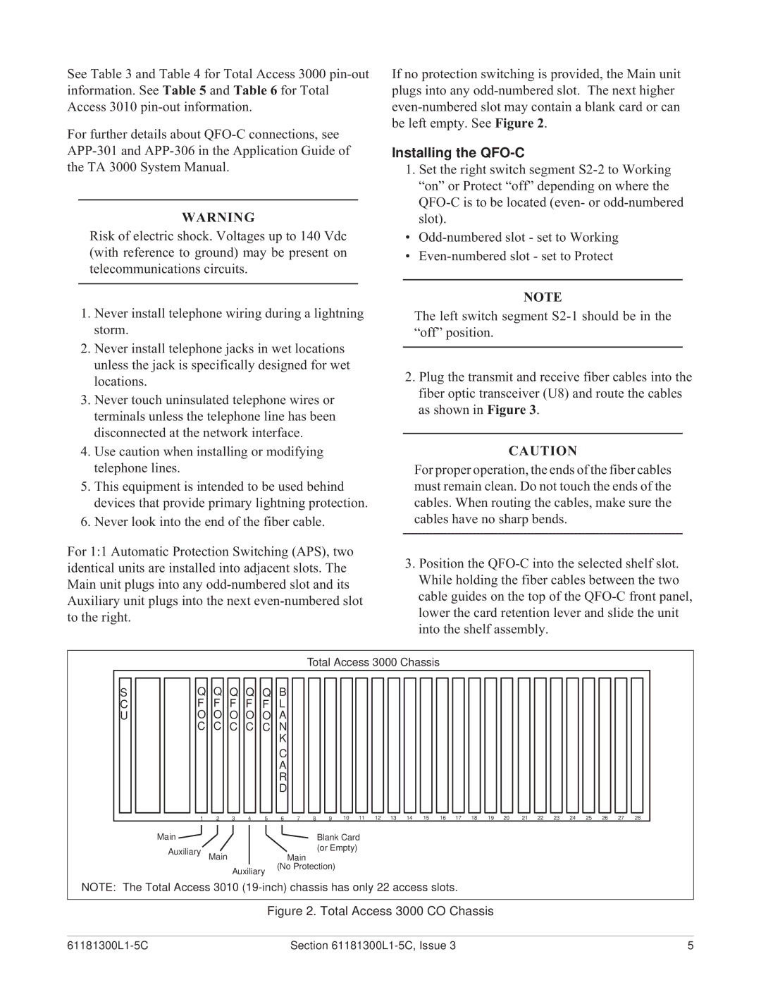 ADTRAN warranty Installing the QFO-C, Total Access 3000 CO Chassis 