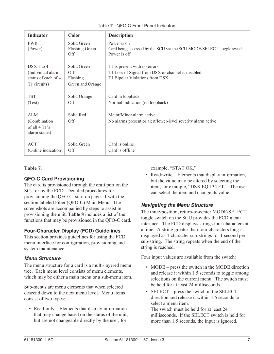 ADTRAN warranty QFO-C Card Provisioning, Four-Character Display FCD Guidelines, Navigating the Menu Structure 