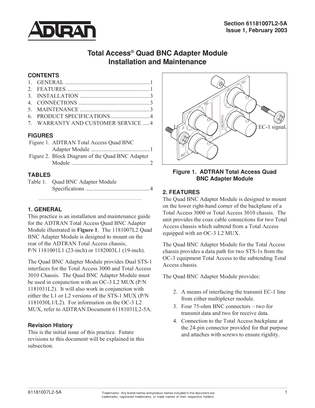 ADTRAN Quad BNC specifications Contents, Tables, General, Features 