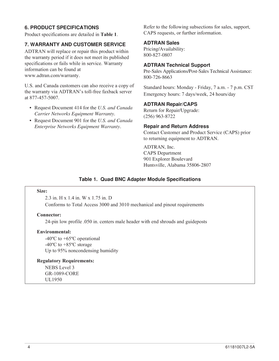 ADTRAN Quad BNC specifications Product Specifications, Warranty and Customer Service 