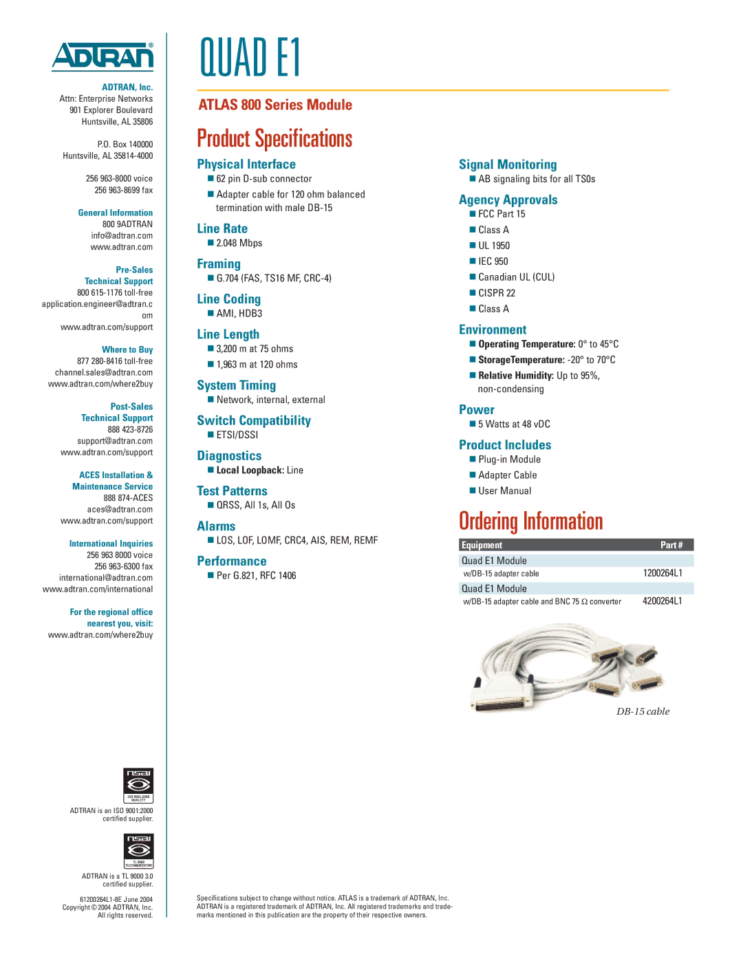 ADTRAN QUAD E1 warranty Product Specifications, Ordering Information 