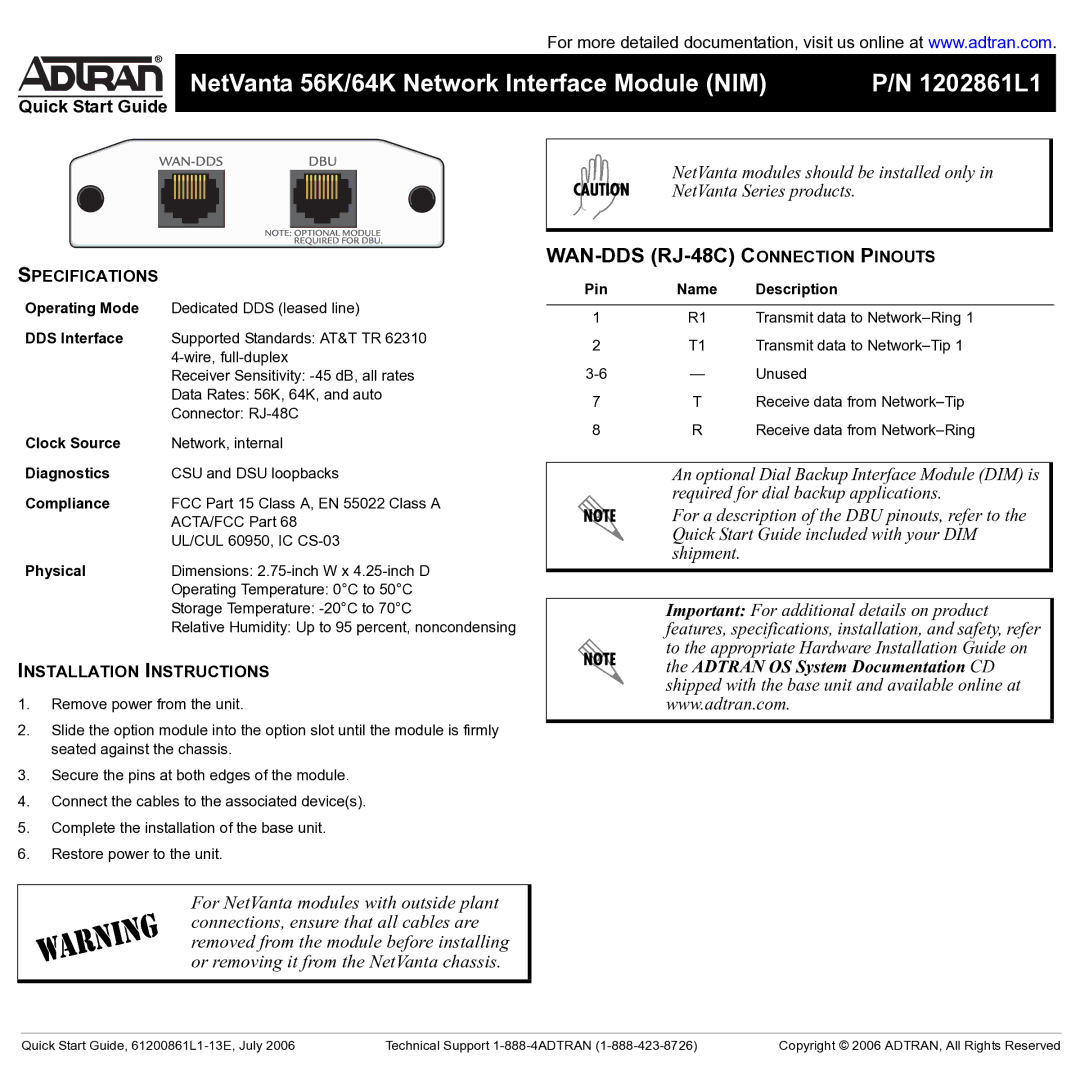 ADTRAN RJ-48C quick start Specifications, Installation Instructions 