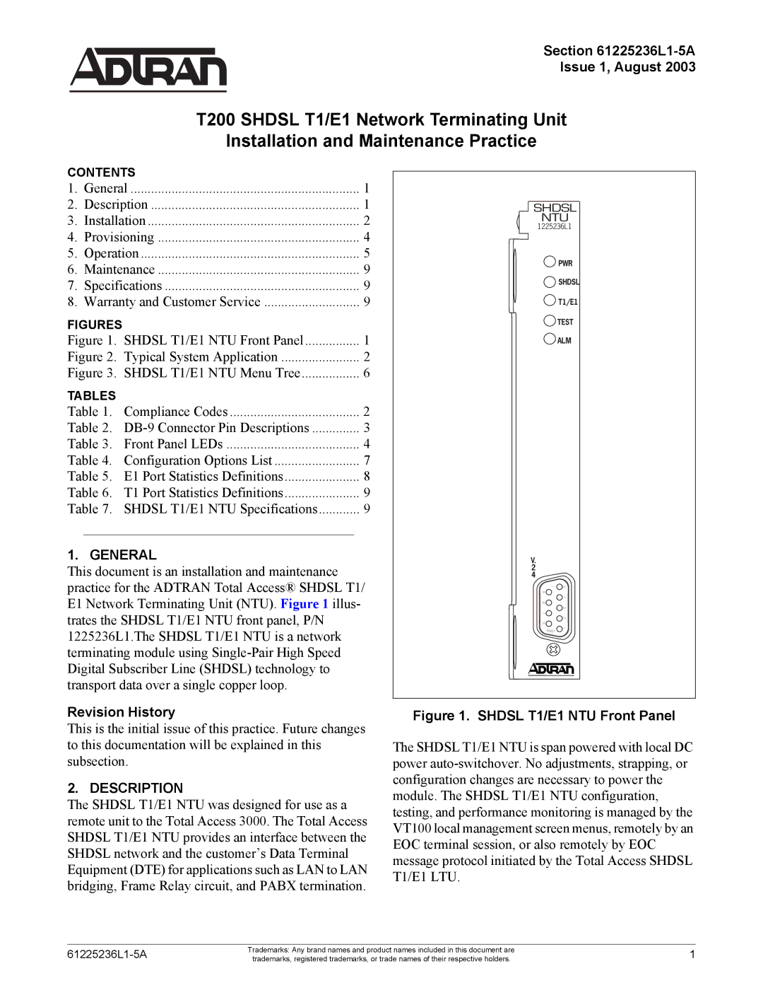 ADTRAN SHDSL E1 specifications L1-5A Issue 1, August, General, Revision History, Description 