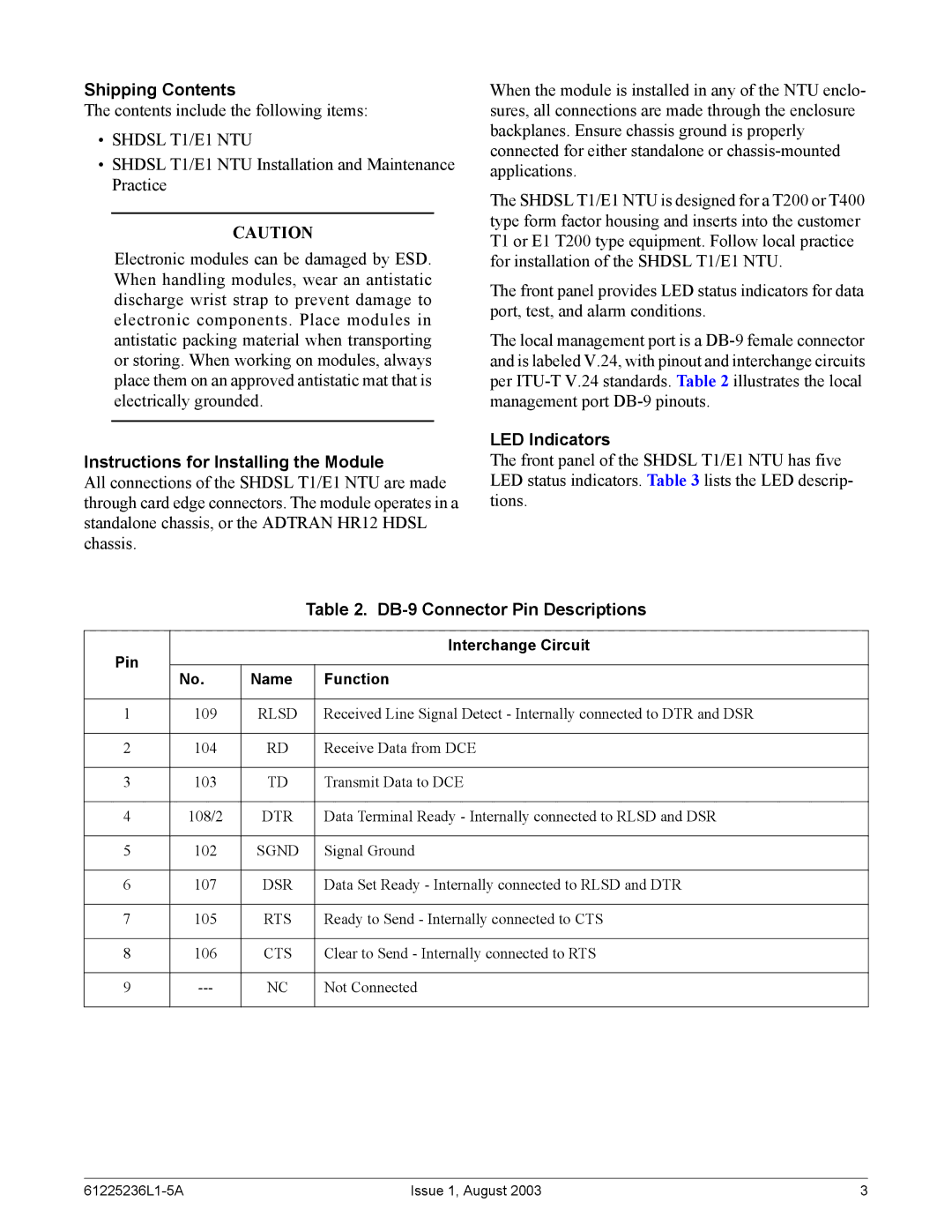 ADTRAN SHDSL E1 Shipping Contents, Instructions for Installing the Module, LED Indicators, DB-9 Connector Pin Descriptions 