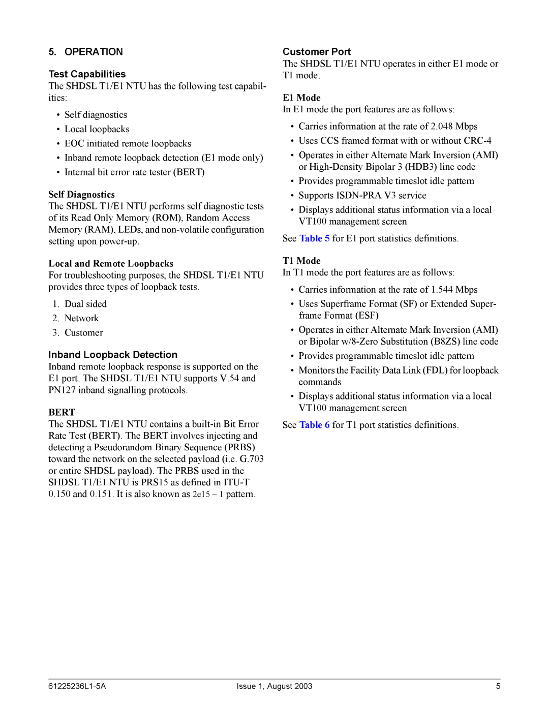 ADTRAN SHDSL E1 specifications Operation, Test Capabilities, Inband Loopback Detection, Customer Port 