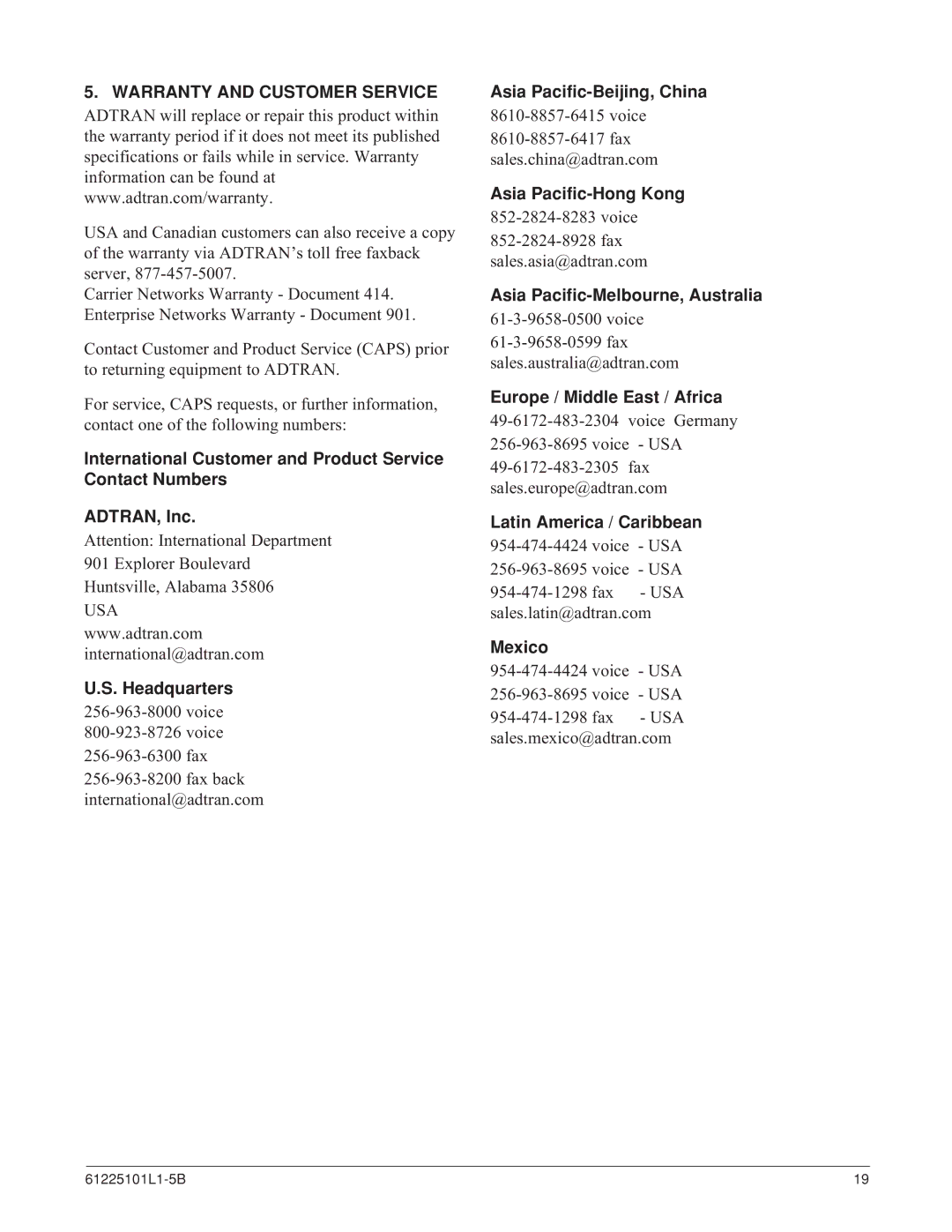 ADTRAN SHDSL NxNTU specifications Warranty and Customer Service 