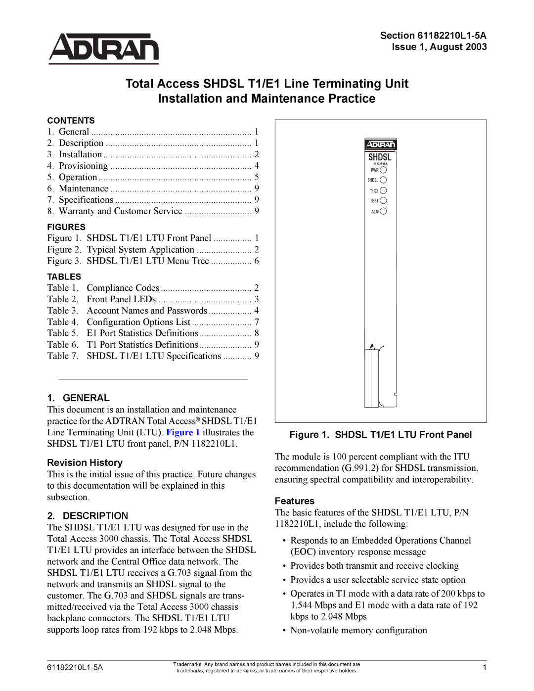 ADTRAN SHDSL T1 specifications General, Description, Shdsl 