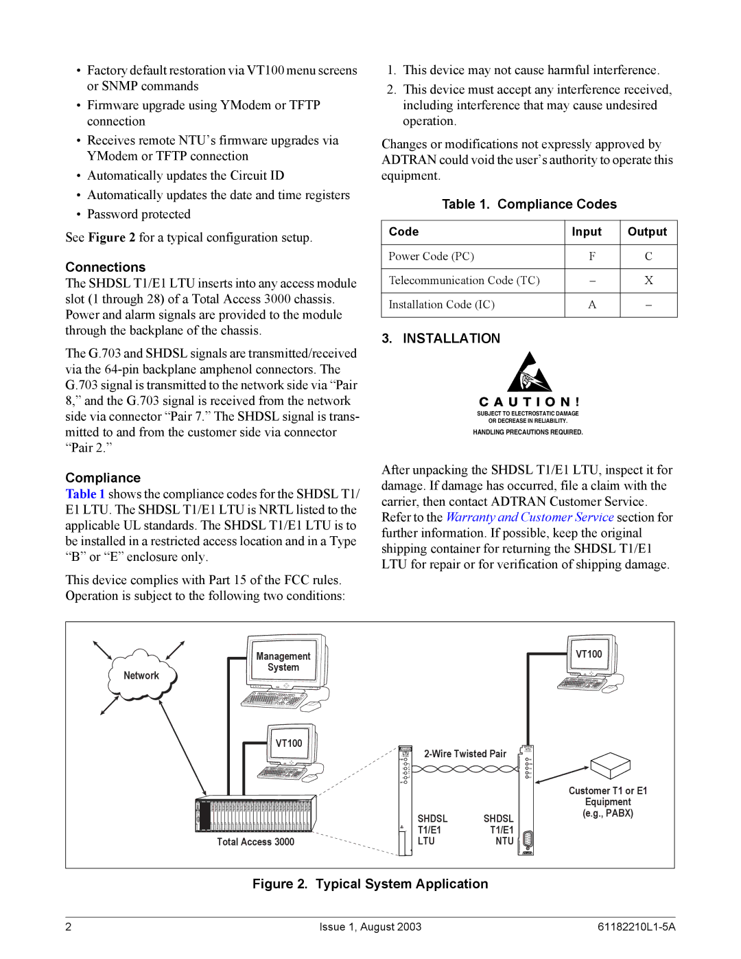 ADTRAN SHDSL T1 specifications Connections, Compliance Codes, Installation 