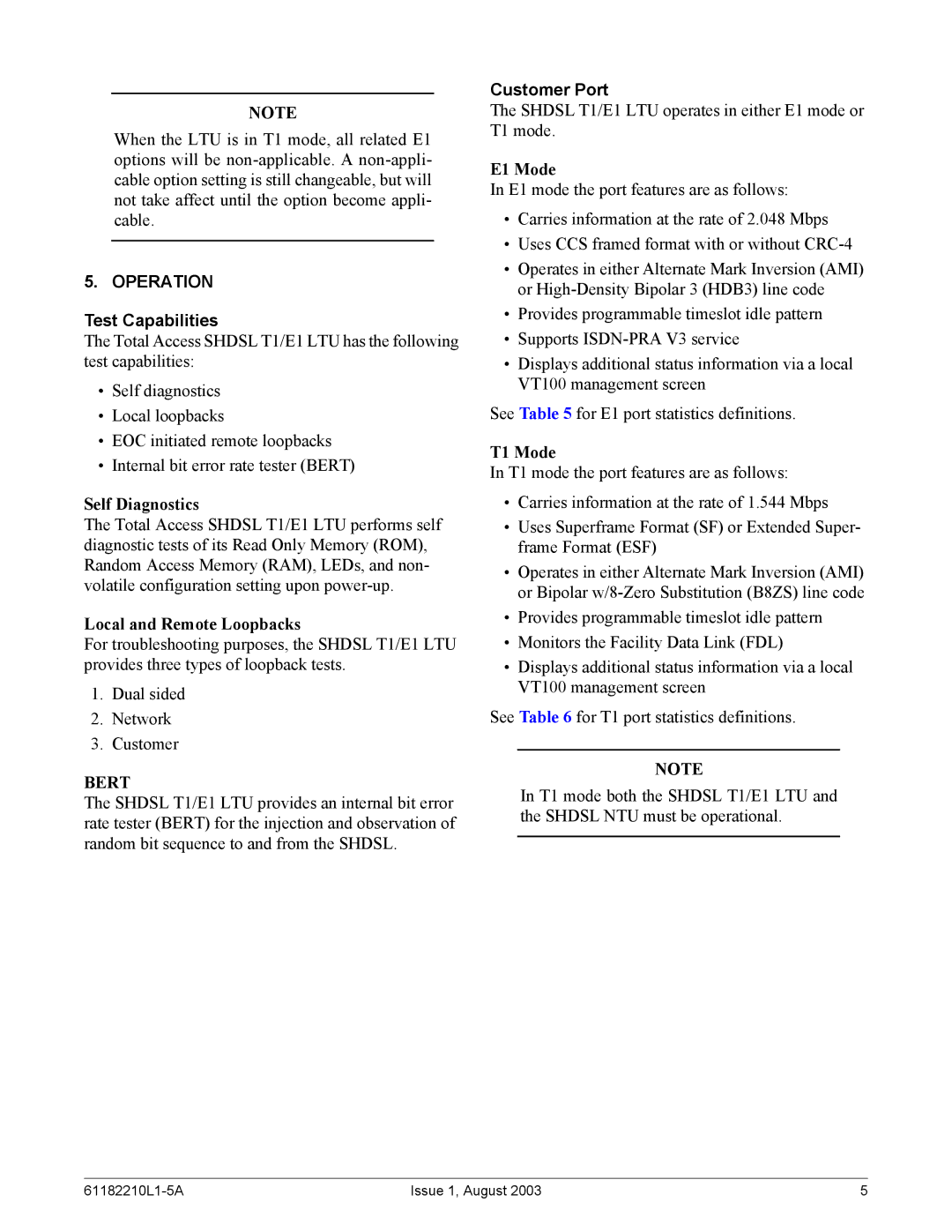 ADTRAN SHDSL T1 specifications Operation, Test Capabilities, Customer Port 