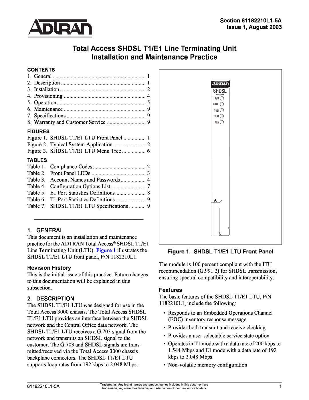 ADTRAN SHDSL T1 specifications L1-5A Issue 1, August, General, Revision History, Description, Shdsl, Features 
