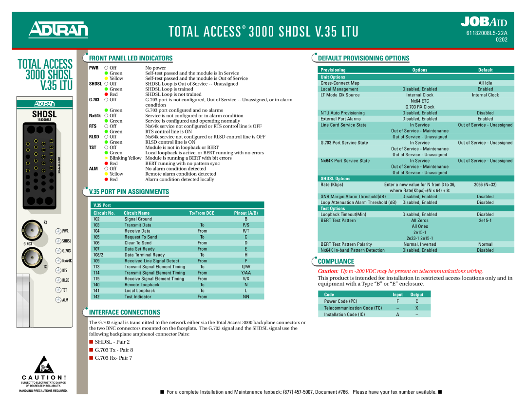 ADTRAN manual SHDSL V. 35 LTU, Jobaid, Total Access, Shdsl, TOTAL ACCESS 3000 SHDSL V.35 LTU, V.35 PORT PIN ASSIGNMENTS 
