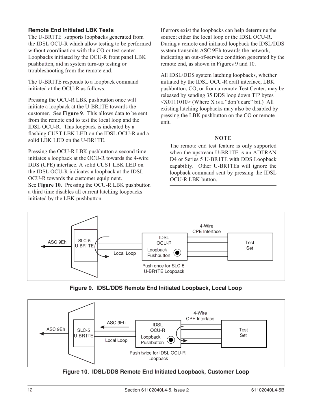 ADTRAN SLC-5 U-BR1TE III warranty Remote End Initiated LBK Tests, IDSL/DDS Remote End Initiated Loopback, Local Loop 