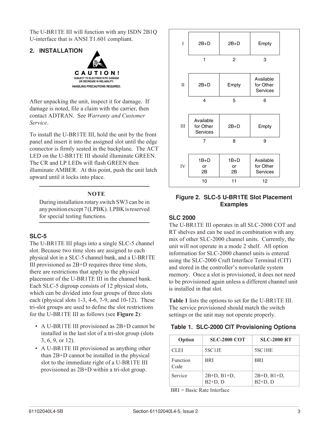 ADTRAN SLC-5 U-BR1TE III warranty Installation, SLC-2000 CIT Provisioning Options, Option SLC-2000 COT SLC-2000 RT 