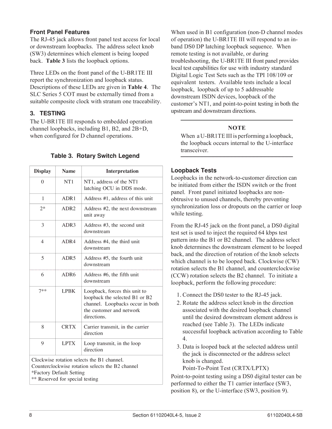ADTRAN SLC-5 U-BR1TE III Front Panel Features, Testing, Rotary Switch Legend, Loopback Tests, Display Name Interpretation 