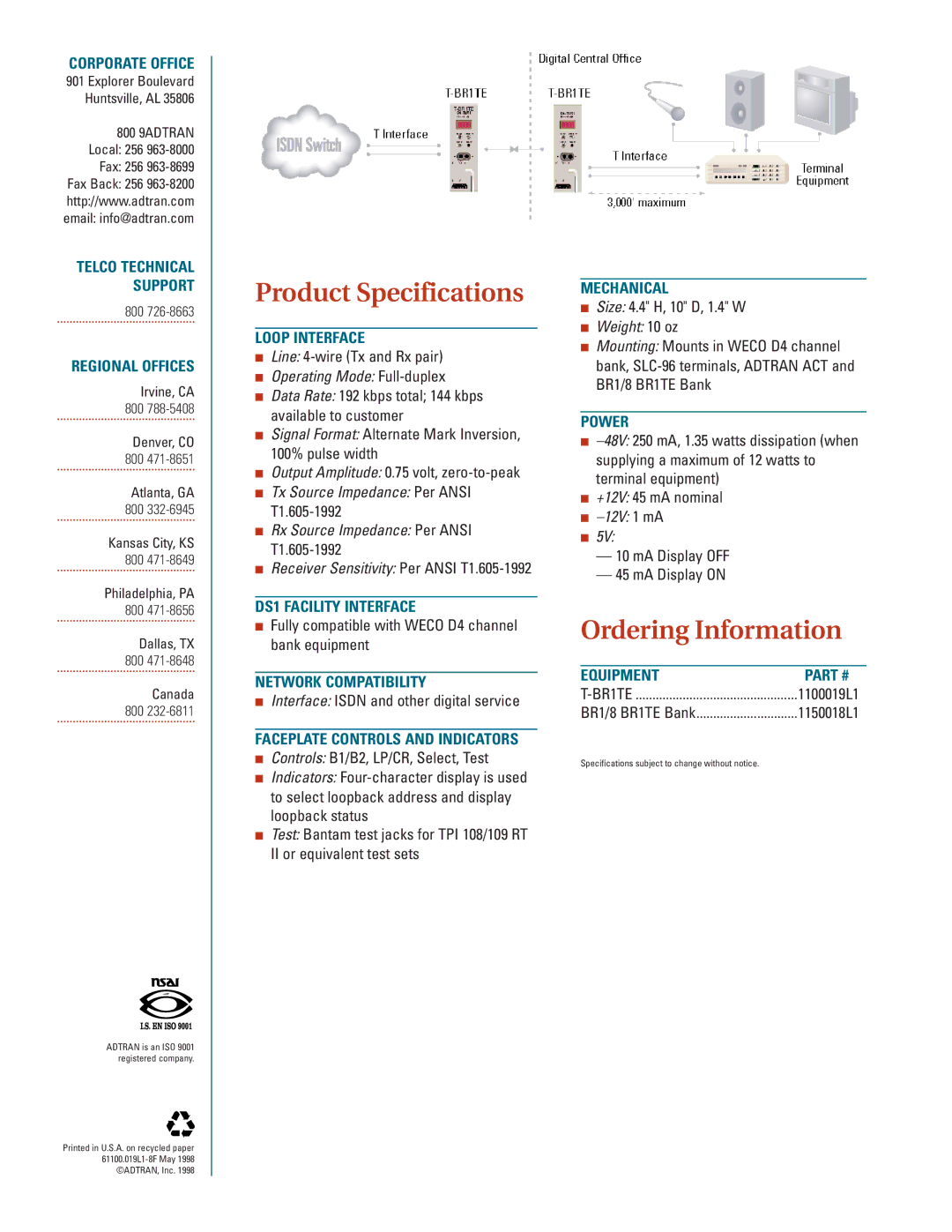 ADTRAN T-BR1TE specifications Product Specifications, Ordering Information 