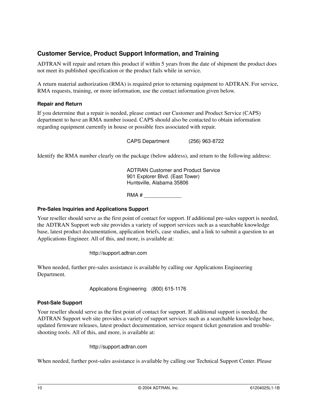 ADTRAN T1 ESF CSU ACE user manual Customer Service, Product Support Information, and Training 