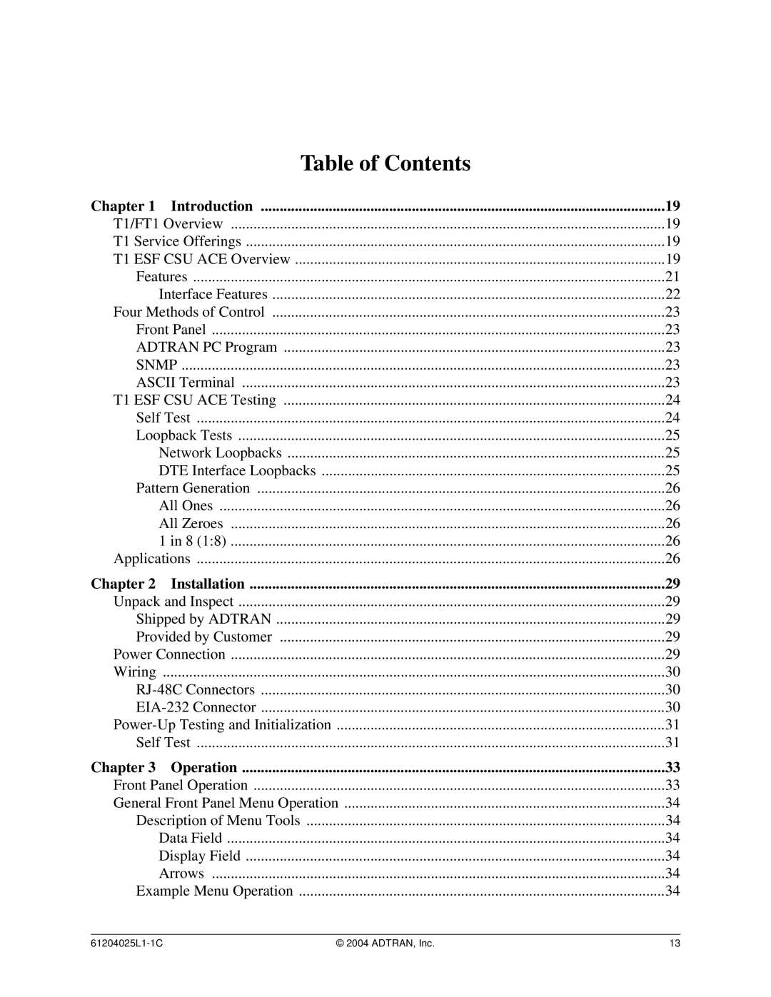 ADTRAN T1 ESF CSU ACE user manual Table of Contents 