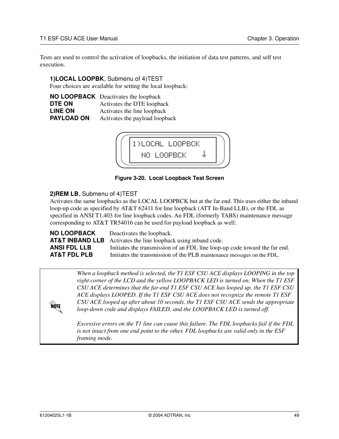 ADTRAN T1 ESF CSU ACE user manual No Loopback 