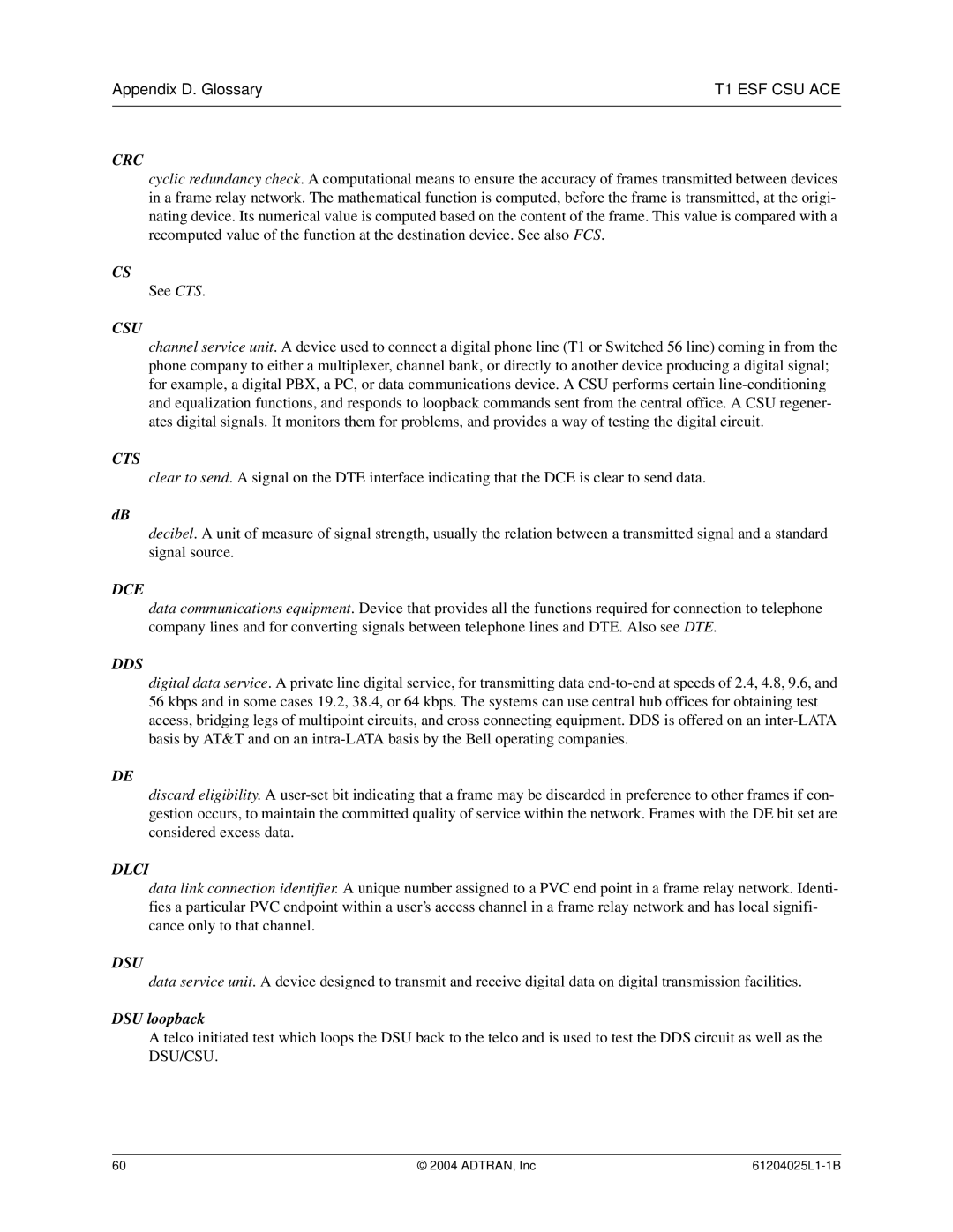 ADTRAN T1 ESF CSU ACE user manual Crc 