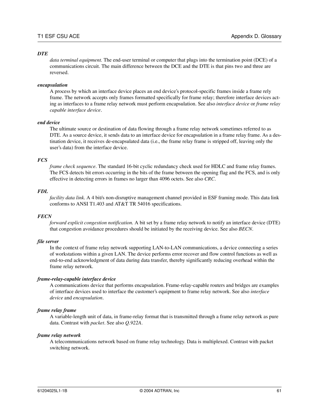 ADTRAN T1 ESF CSU ACE user manual Dte 