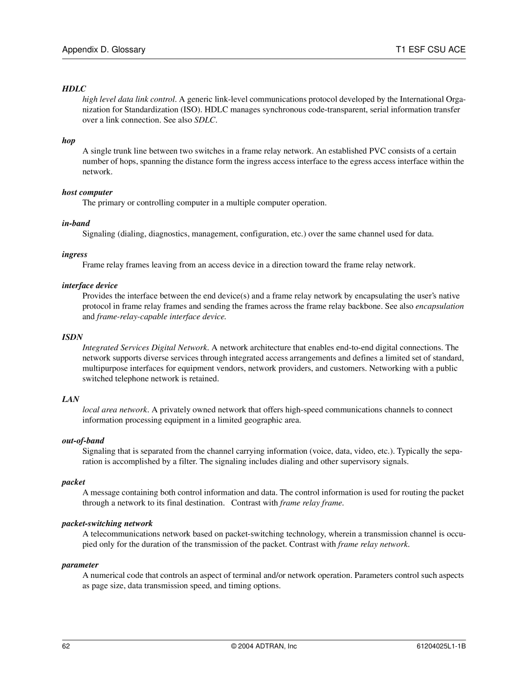 ADTRAN T1 ESF CSU ACE user manual Hdlc 