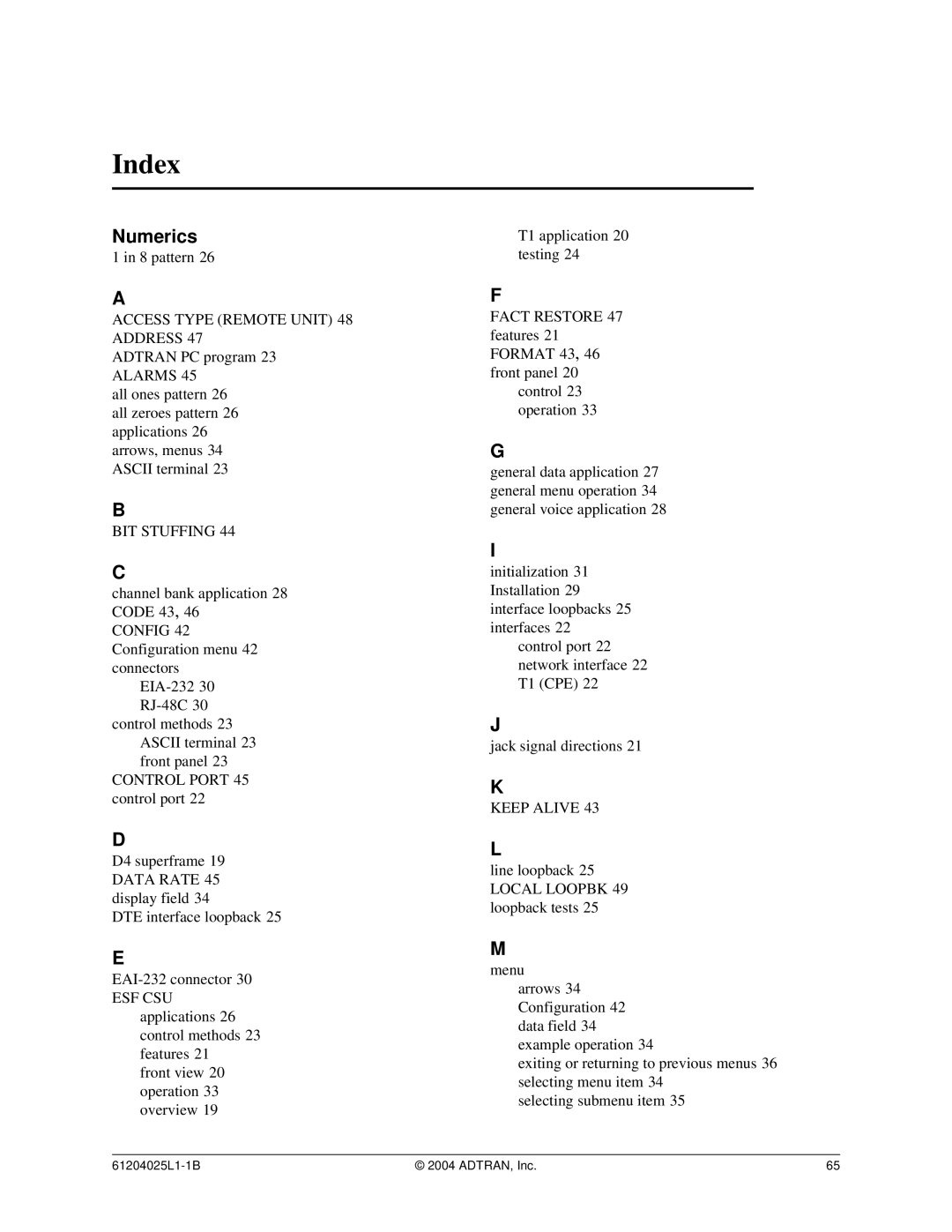 ADTRAN T1 ESF CSU ACE user manual Index, Numerics 