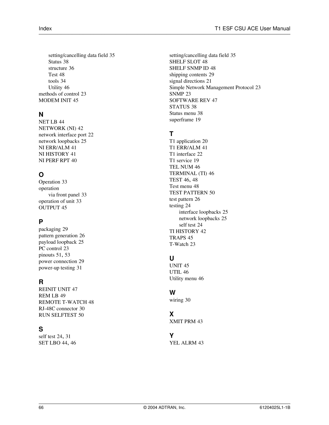 ADTRAN T1 ESF CSU ACE user manual Index 