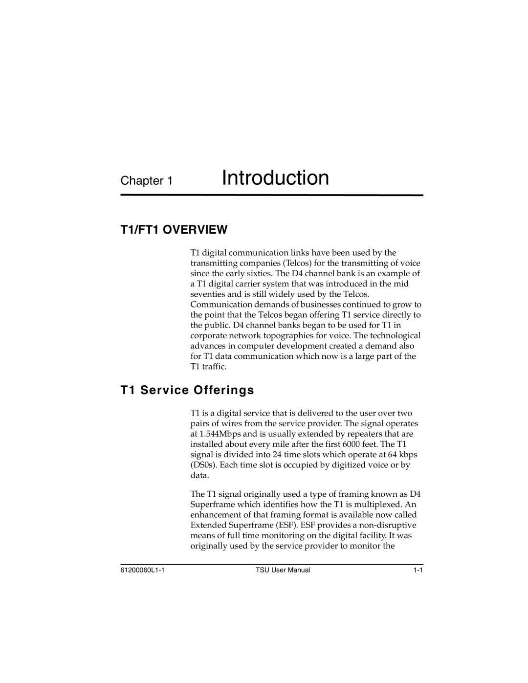 ADTRAN T1-FT1 user manual Introduction, T1/FT1 Overview, T1 Service Offerings 