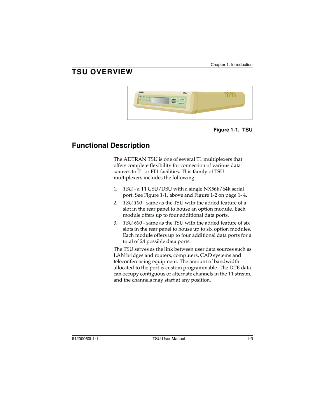 ADTRAN T1-FT1 user manual TSU Overview, Functional Description 