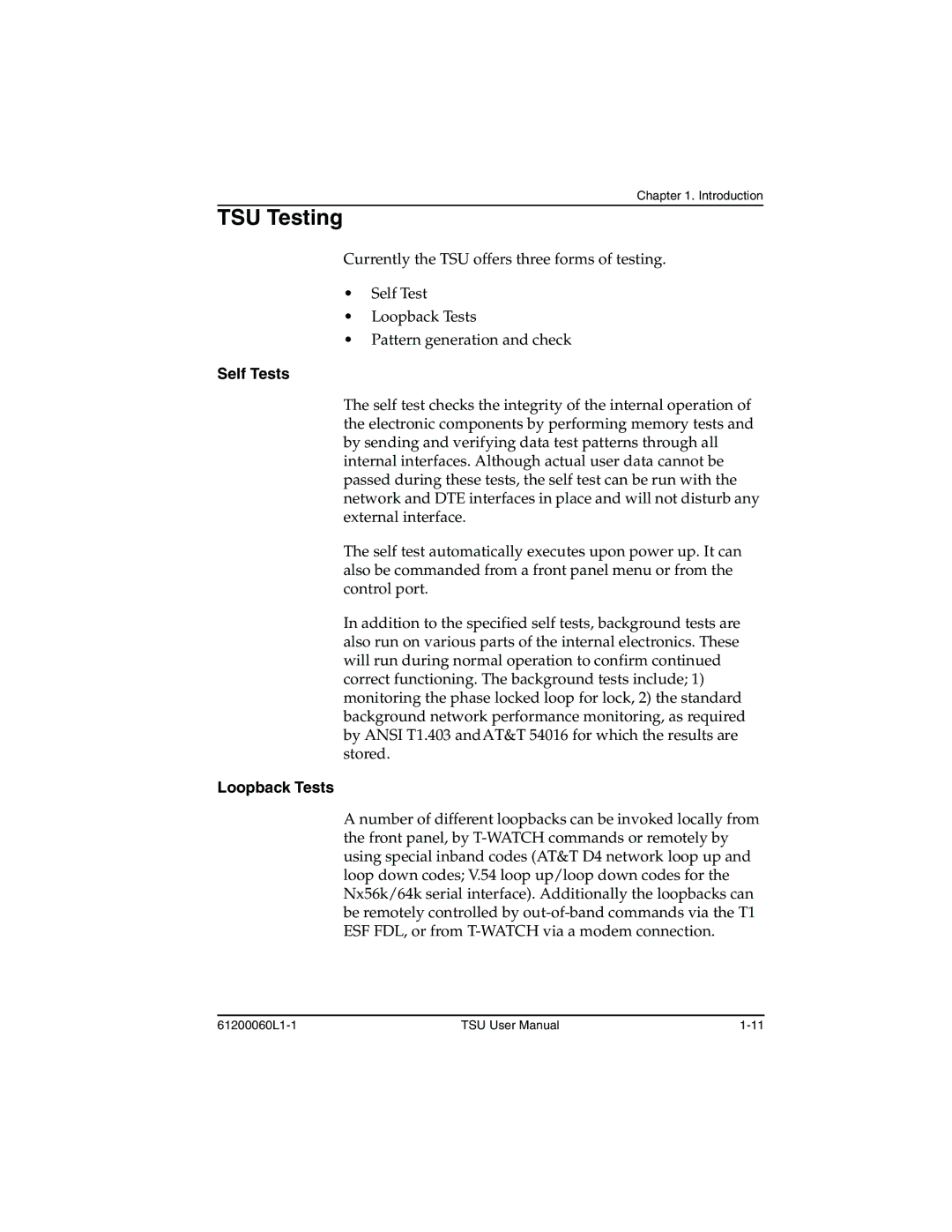 ADTRAN T1-FT1 user manual TSU Testing, Self Tests, Loopback Tests 