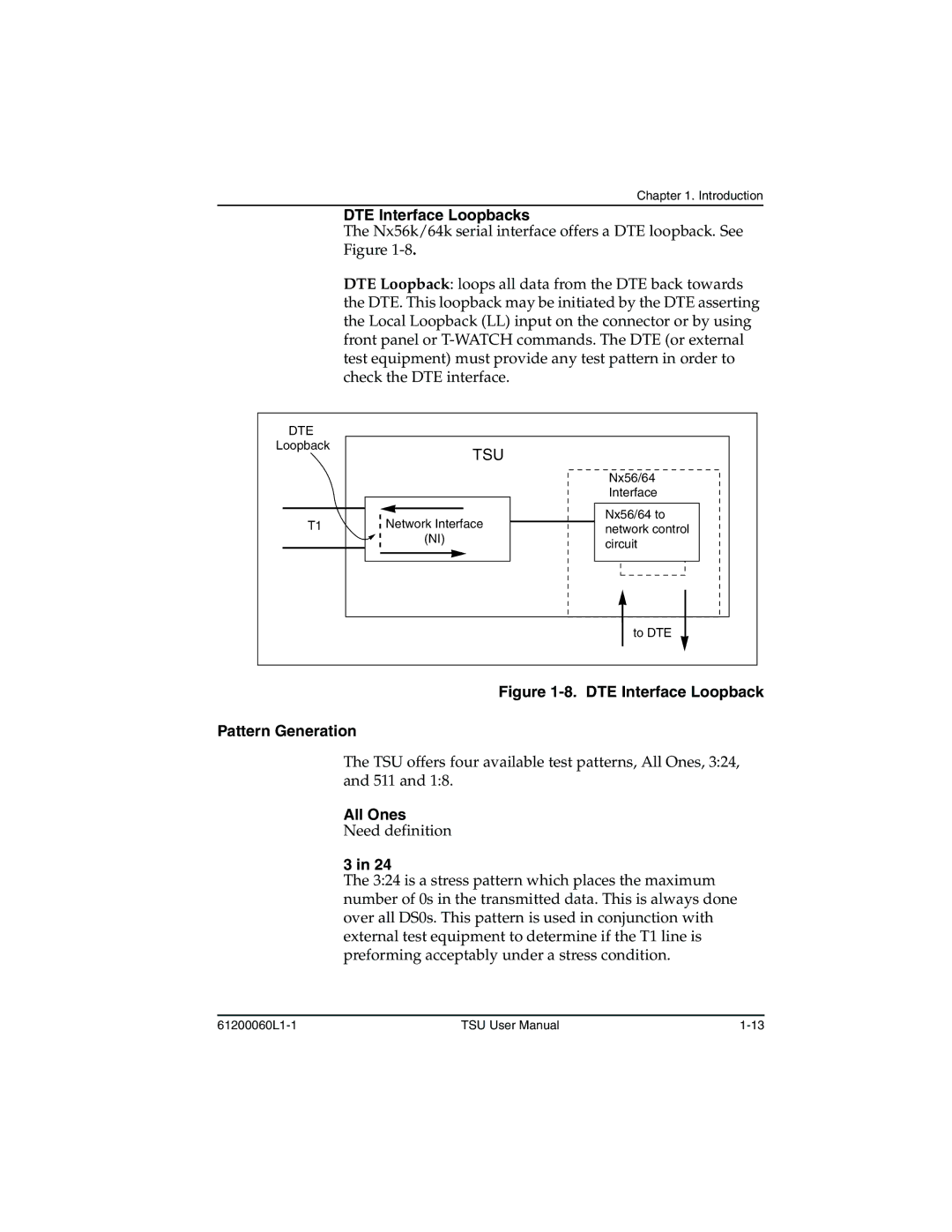 ADTRAN T1-FT1 user manual DTE Interface Loopbacks, All Ones 