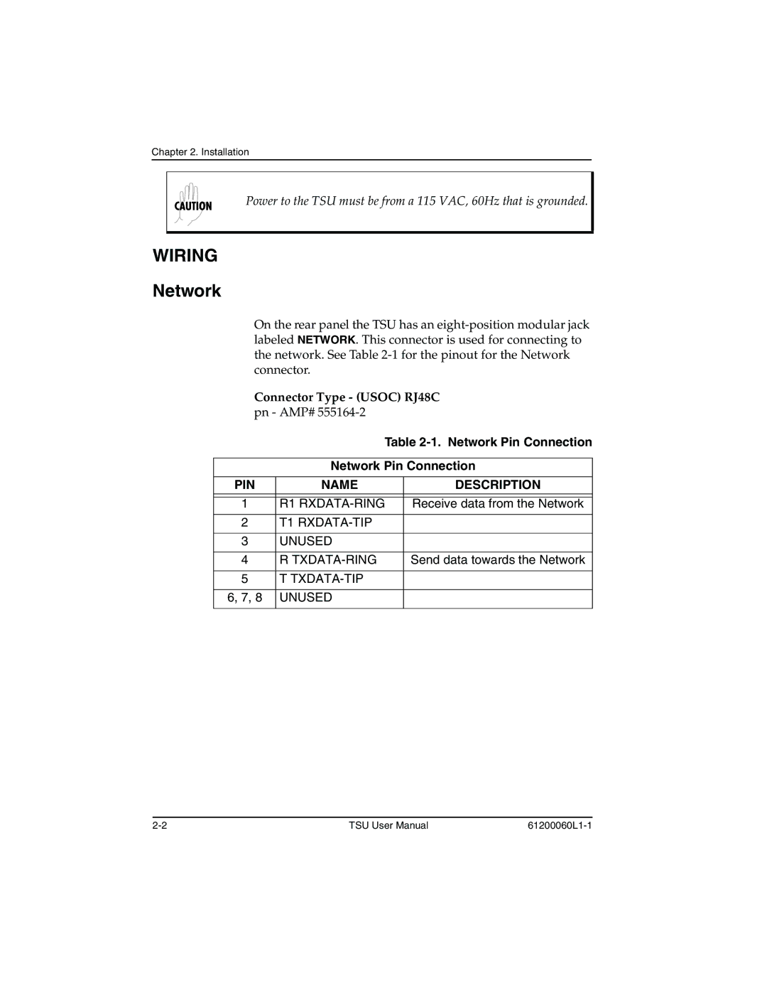 ADTRAN T1-FT1 user manual Wiring, Network Pin Connection, PIN Name Description 